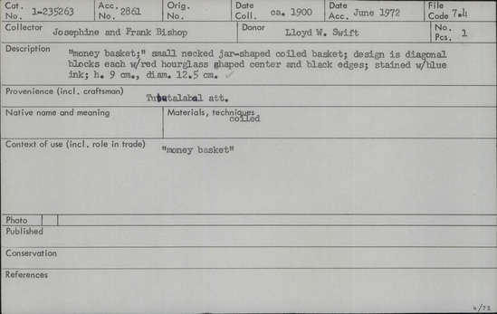 Documentation associated with Hearst Museum object titled Basket, accession number 1-235263, described as Money basket"; small-necked jar-shaped coiled basket.  Design is diagonal blocks each with red hourglass shaped center and black edges; stained with blue ink.
