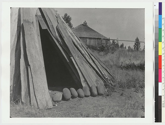 Hearst Museum object titled Black-and-white negative, accession number 15-2756, described as Entrance to conical slab acorn grinding and storage house at Railroad Flat