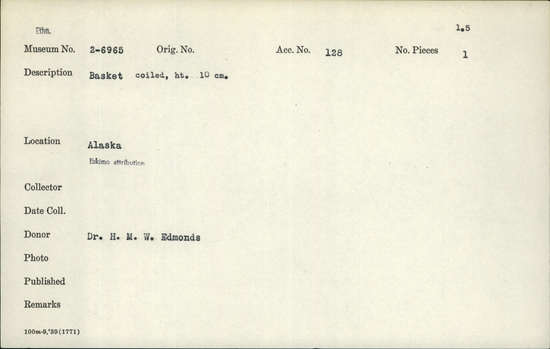Documentation associated with Hearst Museum object titled Basket, accession number 2-6965, described as Coiled.