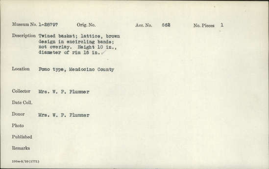 Documentation associated with Hearst Museum object titled Basket, accession number 1-28797, described as Twined. Lattice. Brown design in encircling bands, not overlay.
