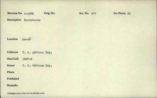 Documentation associated with Hearst Museum object titled Potsherd, accession number 5-1004, described as Potsherds