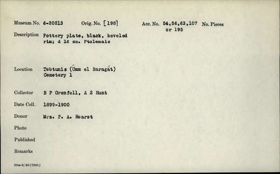 Documentation associated with Hearst Museum object titled Plate, accession number 6-20213, described as Pottery plate; black, beveled rim, diameter 16 cm, Ptolemaic.