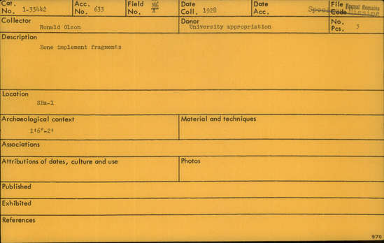 Documentation associated with Hearst Museum object titled Implement fragments, accession number 1-33442, described as Bone.