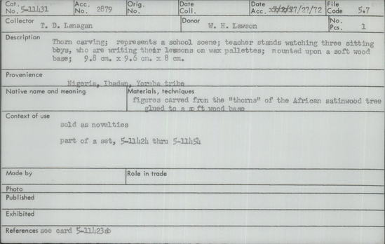Documentation associated with Hearst Museum object titled Thorn carving, accession number 5-11431, described as thorn carving;  represents a school scene;  teacher stands watching three sitting boys, who are writing their lessons on wax pallettes;  mounted upon soft wood base;  9.8 cm. x 9.6 cm x 8 cm