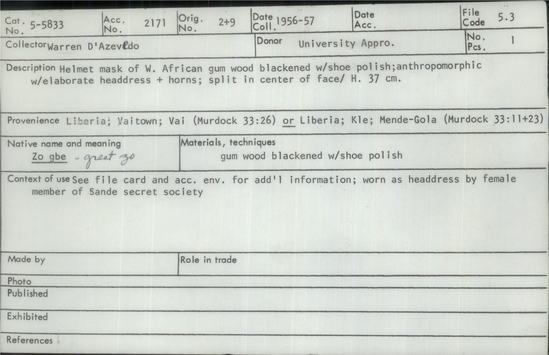 Documentation associated with Hearst Museum object titled Helmet mask, accession number 5-5833, described as helmet mask of West African gum wood blackened with shoe polish; anthromorphic with elaborate headdress and horns; split in center of face. height 37 cm.