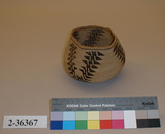 Hearst Museum object titled Basket, accession number 2-36367, described as Twined tube (?), brownish black design, converging diagonals and triangular element.