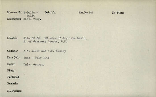 Documentation associated with Hearst Museum object titled Shell fragment, accession number 3-10120, described as Shell fragment