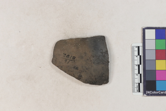 Hearst Museum object 110 of 183 titled Potsherd, accession number 16-8192, described as Potsherd: bodys Section of Manta on beach currently inhabited. Numbers  8111 to 8194 are sherds picked up on beach at low tide.