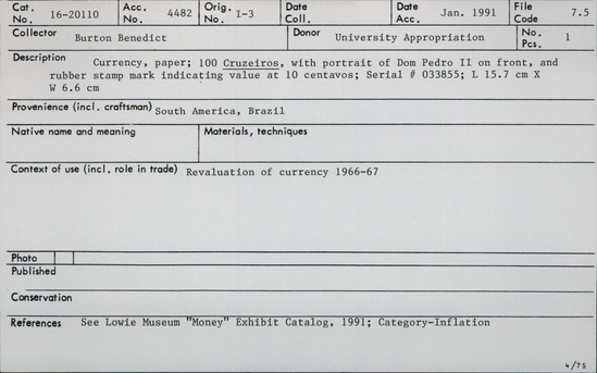 Documentation associated with Hearst Museum object titled Paper money, accession number 16-20110, no description available.