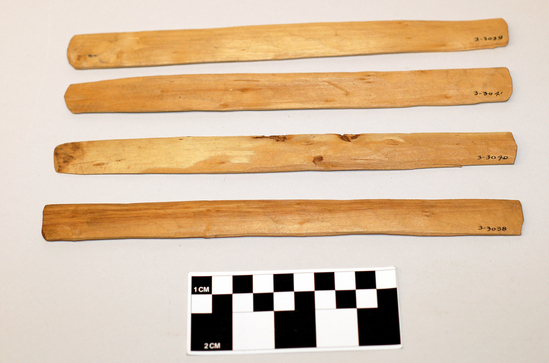 Hearst Museum object titled Mesh measure, accession number 3-3040, described as Mesh measure; sticks, wood, flat, slightly rounded ends; average L 23.7 cm x w 2.1 cm