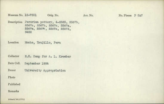 Documentation associated with Hearst Museum object titled Black-and-white negative, accession number 15-7551, described as 5 x 7 inch negative. Peruvian pottery, 4-2565, 2567b, 2567c, 2567b, 2567c, 2567a, 2567a, 2567a, 2567c, 2567d, 3452.