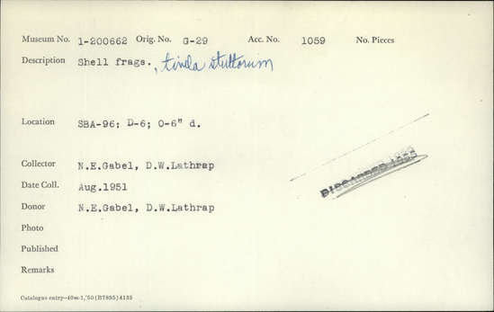 Documentation associated with Hearst Museum object titled Shell fragments, accession number 1-200662, described as Shell fragments, timela stuttorum