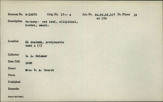 Documentation associated with Hearst Museum object titled Broken bowl, accession number 6-18078, described as Pottery, red bowl, elliptical, broken, small