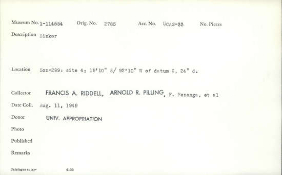 Documentation associated with Hearst Museum object titled Sinker (fishing), accession number 1-114554, described as Sinker