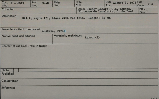 Documentation associated with Hearst Museum object titled Skirt, accession number 7-6019, no description available.