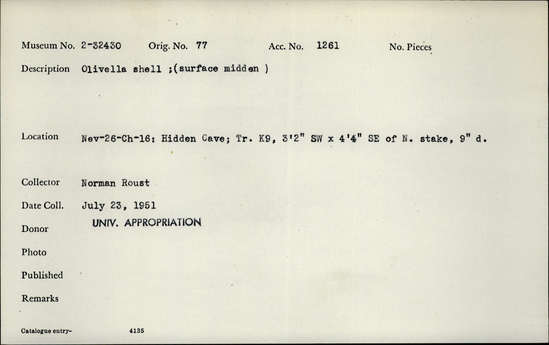 Documentation associated with Hearst Museum object titled Shell, accession number 2-32430, described as Olivella shell; (surface midden).