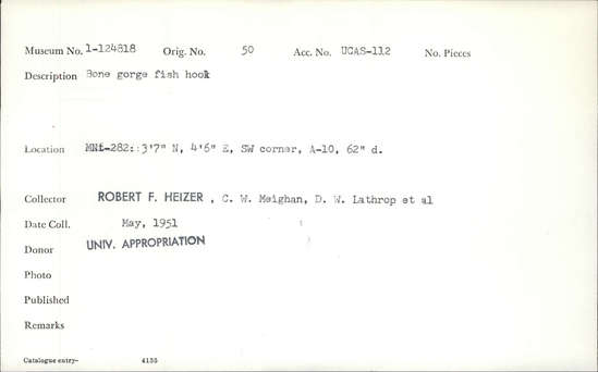 Documentation associated with Hearst Museum object titled Fishhook, accession number 1-124818, described as Bone gorge.