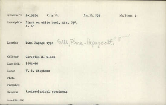 Documentation associated with Hearst Museum object titled Bowl, accession number 2-15654, described as Black on white bowl. "Archaeological specimens.