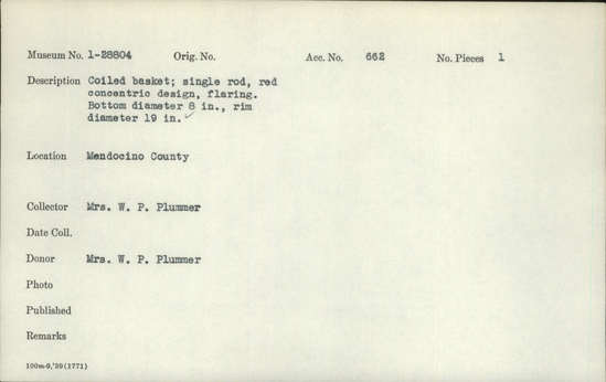 Documentation associated with Hearst Museum object titled Basket, accession number 1-28804, described as Coiled, single rod.  Red concentric design, flaring.