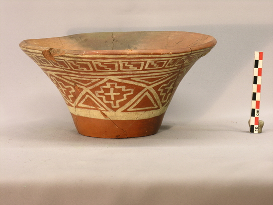 Hearst Museum object 8 of 9 titled Bowl, accession number 4-3312, described as Large flaring flat-bottomed bowl, red, white design