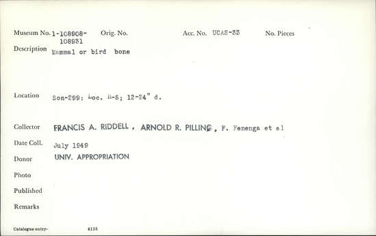 Documentation associated with Hearst Museum object titled Faunal remains, accession number 1-108924, described as Mammal or bird.