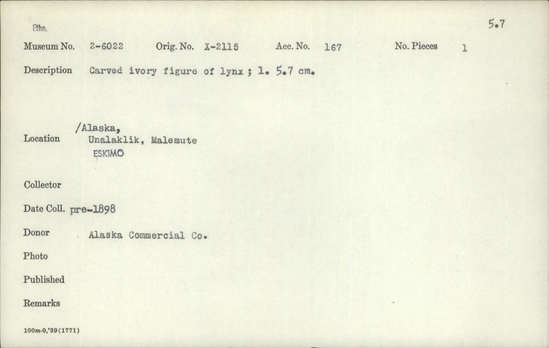 Documentation associated with Hearst Museum object titled Zoomorph, accession number 2-6022, described as Carved ivory figure of lynx.