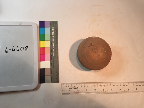 Hearst Museum object 3 of 5 titled Jar, accession number 6-6608, described as Pottery: yellowish squat jar, bulging at middle, dark nutical tabliqua lines