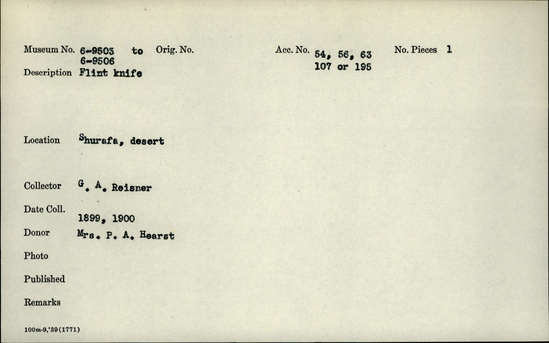 Documentation associated with Hearst Museum object titled Knife, accession number 6-9506, described as Flint knife