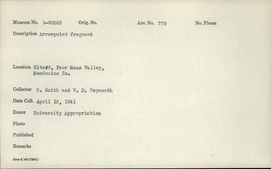 Documentation associated with Hearst Museum object titled Projectile point fragment, accession number 1-60053, described as Arrowpoint fragment