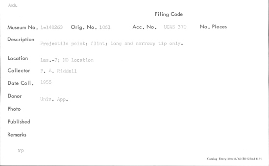 Documentation associated with Hearst Museum object titled Projectile point fragment, accession number 1-148263, described as Flint, long and narrow; tip only.