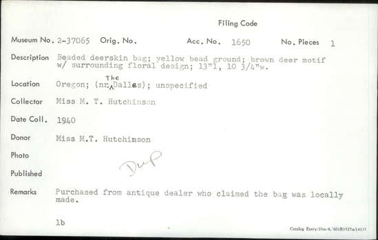Documentation associated with Hearst Museum object titled Bag, accession number 2-37065, described as Made of beaded deerskin; yellow glass "seed" bead ground; brown deer motif with surrounding floral design. Thong handles.