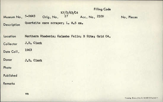 Documentation associated with Hearst Museum object titled Scraper, accession number 5-5643, described as Quartzite core scraper; L. 8.5 cm