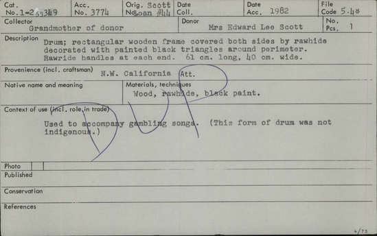 Documentation associated with Hearst Museum object titled Drum, accession number 1-255349, described as Rectangular wooden frame covered both sides by rawhide decorated with painted black triangles around perimeter.  Rawhide handles at each end.