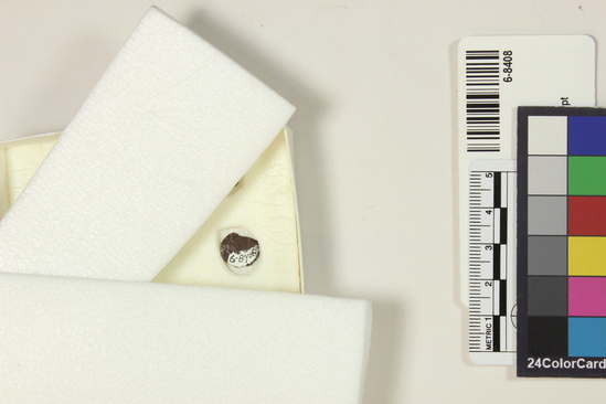 Hearst Museum object titled Broken metal disk, accession number 6-8408, described as Metal disc, broken, possibly a coin