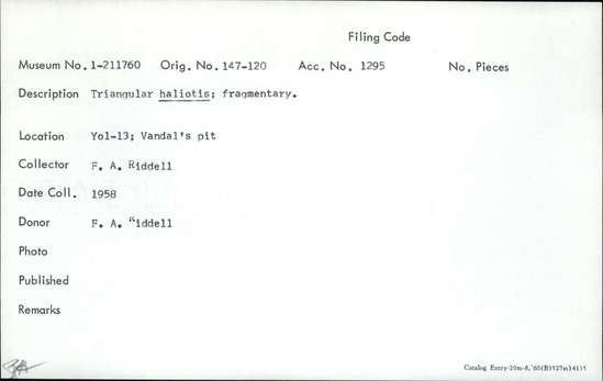 Documentation associated with Hearst Museum object titled Shell fragment, accession number 1-211760, described as Triangular haliotis; fragmentary.