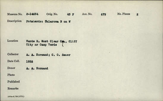 Documentation associated with Hearst Museum object titled Potsherds, accession number 2-14634, described as Tularosa Black-on-White.