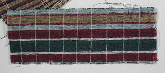 Hearst Museum object titled Textile fragment, accession number 5-11264, described as textile sample (section of narrow band weaving): maroon stripes showing black (two), two pale blue stripes showing black, one green showing black flanked by narrow white showing black.