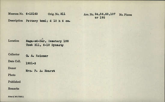 Documentation associated with Hearst Museum object titled Bowl, accession number 6-13163, described as Pottery bowl; diameter 12 cm, height 6 cm.