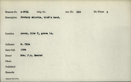 Documentation associated with Hearst Museum object titled Whistle: bird, accession number 4-5731, no description available.