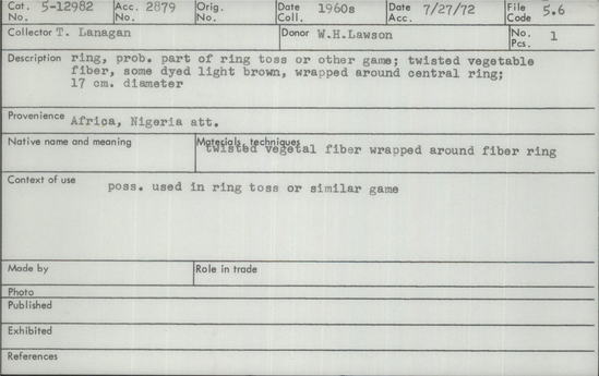 Documentation associated with Hearst Museum object titled Twine circle - necklace?, accession number 5-12982, described as Twine circle- necklace?., Africa, Nigeria att. 5-12982, acc no. 2879. File code: 5.6 Collector: T.D. Lanagan. Donor: W.H. Lawson. Materials, techniques: Twisted vegetable fiber wrapped around fiber ring Context of use: Poss. used in ring toss or similar game Description: Ring, prob. part of ring toss or other game; twisted vegetable fiber, some dyed light brown, wrapped around central ring; 17 cm. diameter