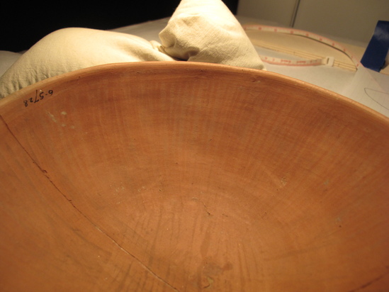 Hearst Museum object 60 of 66 titled Broken bowl, accession number 6-5728, described as Pottery: smooth pinkish bowl, broken burnished lines inside and out.  Diameter 20cm, height 6cm.