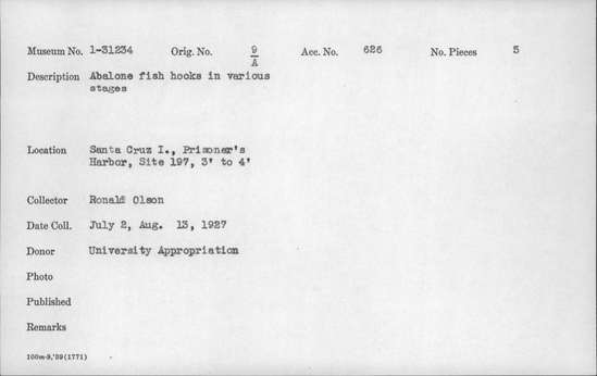 Documentation associated with Hearst Museum object titled Fishhooks, accession number 1-31234, described as Abalone fishhooks, in various stages.