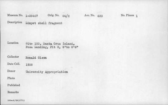 Documentation associated with Hearst Museum object titled Shell fragment, accession number 1-35467, described as Limpet, not counted