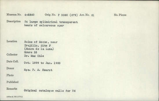 Documentation associated with Hearst Museum object titled Beads (24), accession number 4-3360, no description available.