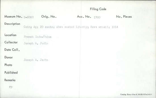Documentation associated with Hearst Museum object titled Coin: 20 cent, accession number 9-6060, described as Coin; Ag: 20 cents. Obverse: seated Liberty. Reverse: wreath; 1914