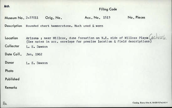 Documentation associated with Hearst Museum object titled Hammerstone, accession number 2-37011, described as Rounded chert hammerstone; much used and worn