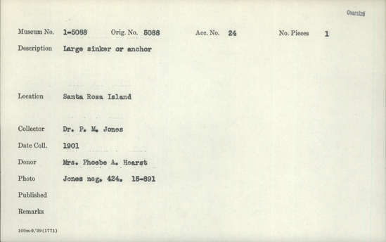 Documentation associated with Hearst Museum object titled Sinker or anchor, accession number 1-5088, described as Large sinker or anchor