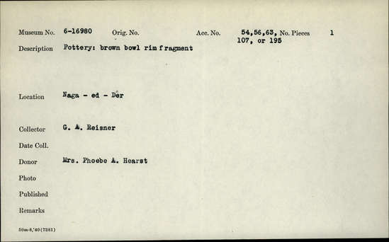 Documentation associated with Hearst Museum object titled Bowl fragment, accession number 6-16980, described as pottery: brown bowl rim fragment