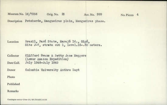 Documentation associated with Hearst Museum object titled Potsherds, accession number 16-7356, described as Potsherds, Mangueiras plain