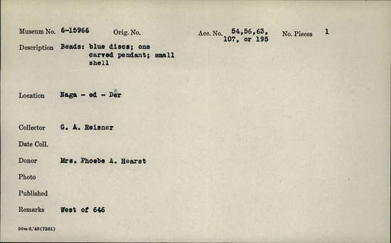 Documentation associated with Hearst Museum object titled Beads, accession number 6-15966, described as Beads: blue discs; one carved pendant; small shell. [inv.: disc beads, segmented]